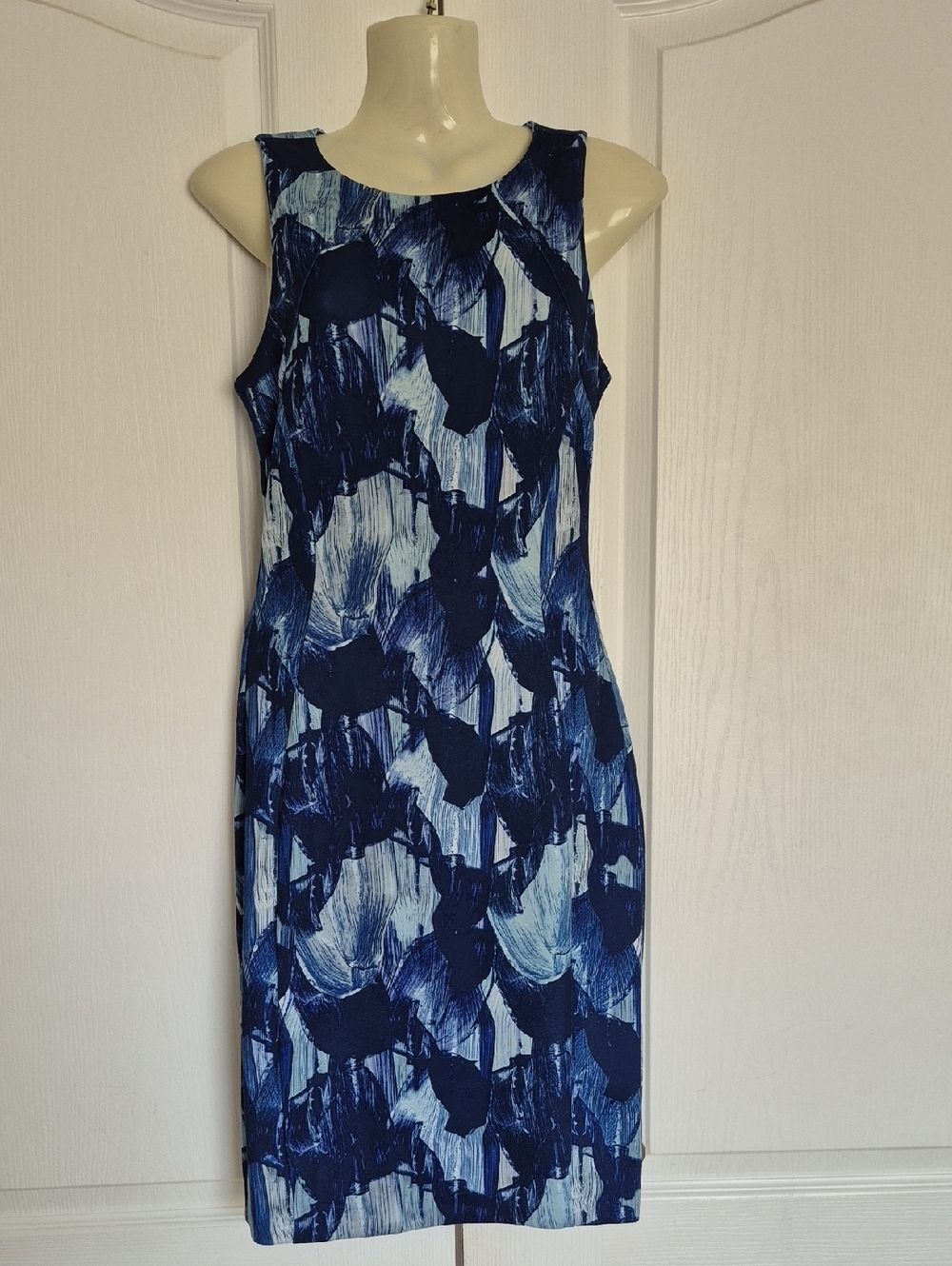 Divided Navy and Light Blue Abstract Sheath Midi Dress